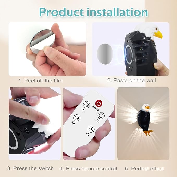 Bald Eagle Wall Light with Remote Control, Magnetic Led Mounted Eagle Lamp, USB Charging & Battery Operated Indoor Light WenstaUSA