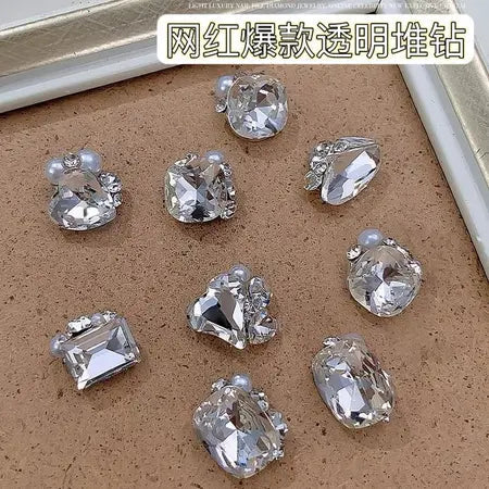 Nail beauty pile rhinestone finished product super flash transparent crooked diamond rectangular axe diamond inlaid pearl nails decorations WenstaUSA