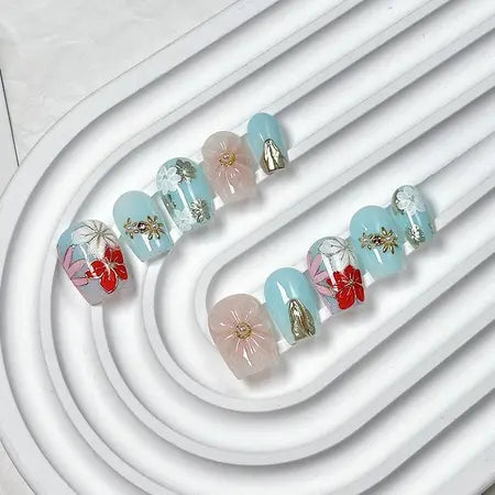 handmade wear nail ultra-short hand-painted cherry blossom ice flower nail art fake nail patch pure desire graceful and fashionable handmadeV WenstaUSA