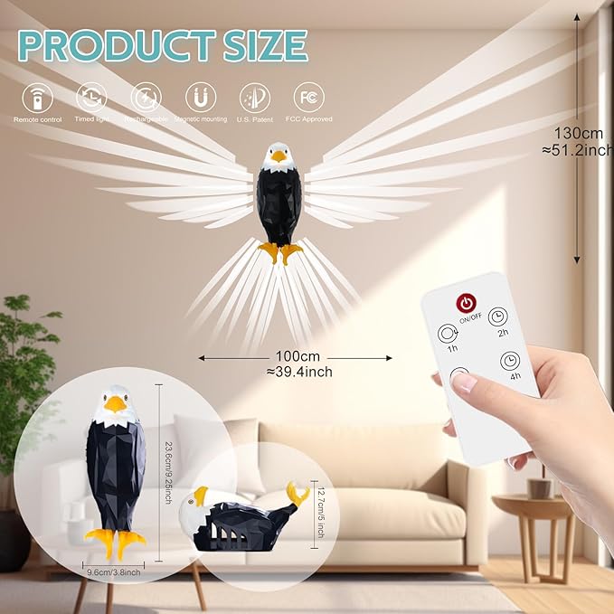Bald Eagle Wall Light with Remote Control, Magnetic Led Mounted Eagle Lamp, USB Charging & Battery Operated Indoor Light WenstaUSA