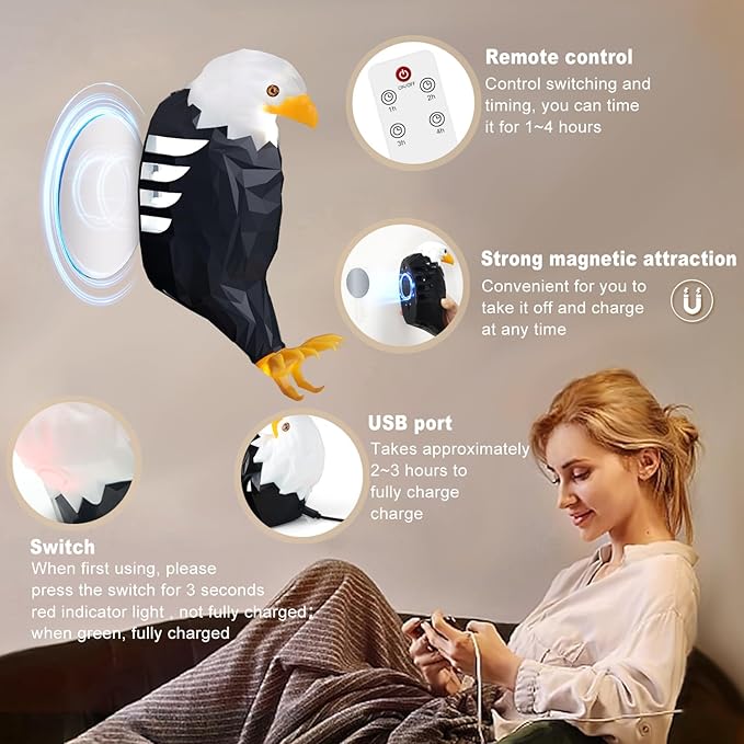 Bald Eagle Wall Light with Remote Control, Magnetic Led Mounted Eagle Lamp, USB Charging & Battery Operated Indoor Light WenstaUSA