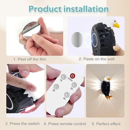 Bald Eagle Wall Light with Remote Control, Magnetic Led Mounted Eagle Lamp, USB Charging & Battery Operated Indoor Light WenstaUSA