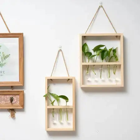 Wall hanging wooden frame glass hydroponic vase creative retro bedroom living room fresh simple decorative wooden frame glass hydroponic WenstaUSA