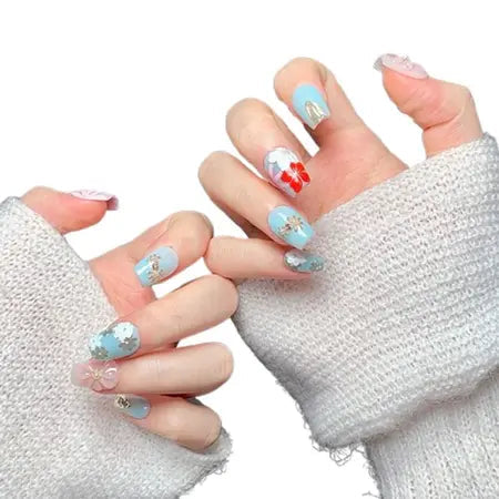 handmade wear nail ultra-short hand-painted cherry blossom ice flower nail art fake nail patch pure desire graceful and fashionable handmadeV WenstaUSA