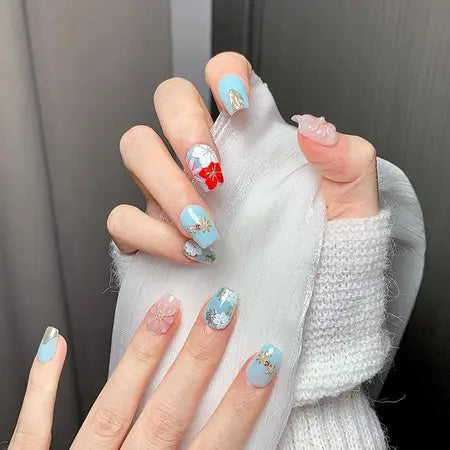 handmade wear nail ultra-short hand-painted cherry blossom ice flower nail art fake nail patch pure desire graceful and fashionable handmadeV WenstaUSA