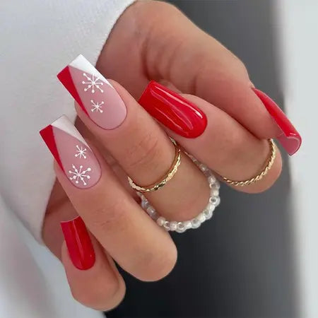 Europe and America cross border coffin nail wear nail winter white snowflake nail patch nail art color v-shaped french nail tip WenstaUSA