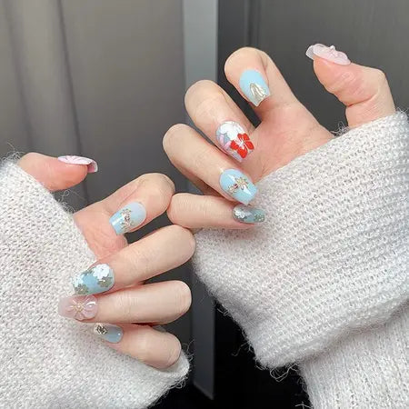 handmade wear nail ultra-short hand-painted cherry blossom ice flower nail art fake nail patch pure desire graceful and fashionable handmadeV WenstaUSA