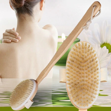Wooden handle bath brush Bath bristle brush Long handle wooden back scrub towel Removable soft bristle massage bath brush WenstaUSA