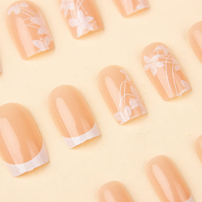 Simple short T-shirt pure girl white flower nail art cute sweet wearable false nail finished nail art WenstaUSA