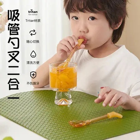 Tableware baby long handle straw spork spoon two-in-one children eat independently learn to eat spork spoon children drink soup straw spoon WenstaUSA