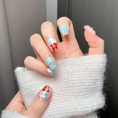handmade wear nail ultra-short hand-painted cherry blossom ice flower nail art fake nail patch pure desire graceful and fashionable handmadeV WenstaUSA
