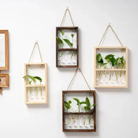 Wall hanging wooden frame glass hydroponic vase creative retro bedroom living room fresh simple decorative wooden frame glass hydroponic WenstaUSA