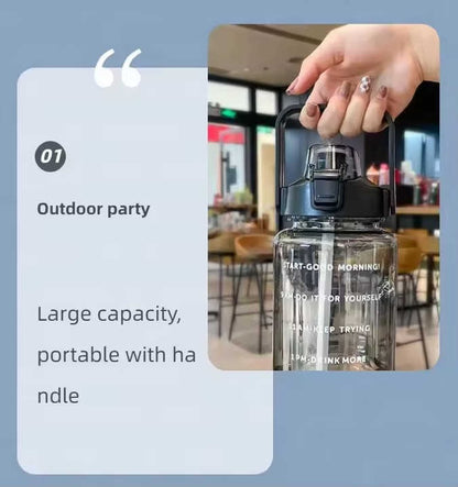2L Half Gallon Clear Plastic Sports Water Bottle with Straw and Motivational Time Marker