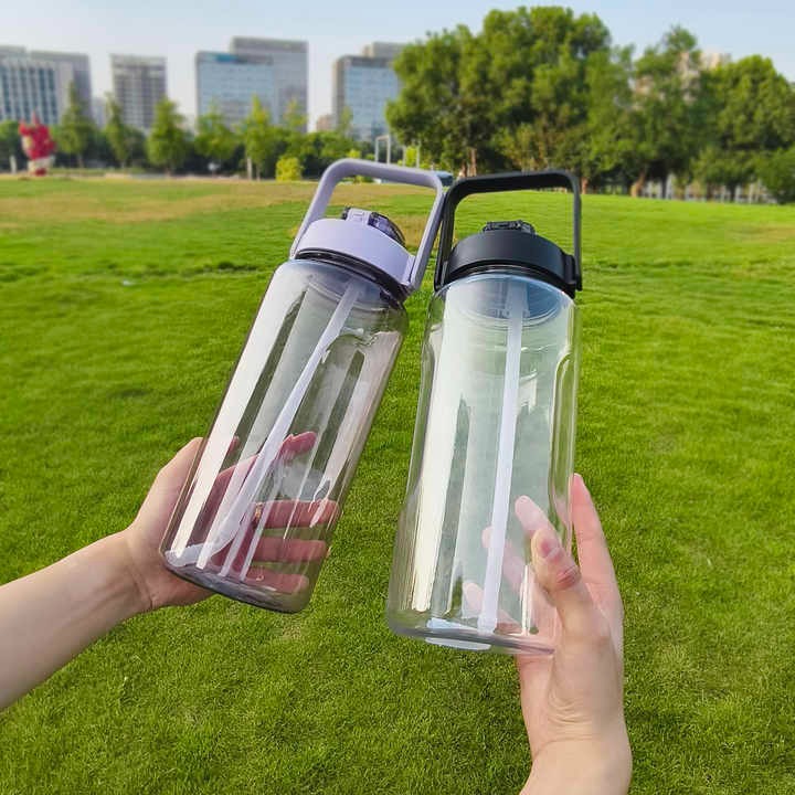 2L Half Gallon Clear Plastic Sports Water Bottle with Straw and Motivational Time Marker