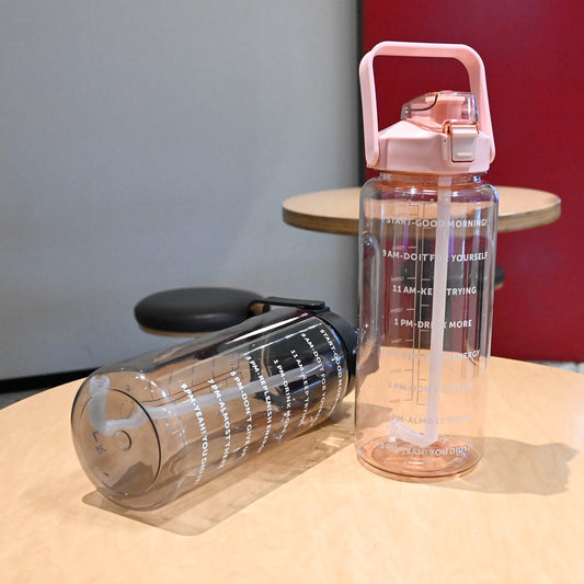 2L Half Gallon Clear Plastic Sports Water Bottle with Straw and Motivational Time Marker