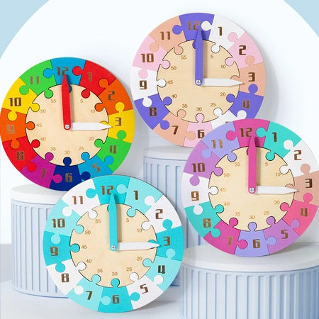 Children's clock jigsaw early education time color cognition kindergarten primary school teaching AIDS Enlightenment educational toys Wood four colors optional export CPC CE certificate WenstaUSA