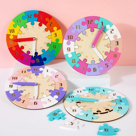 Children's clock jigsaw early education time color cognition kindergarten primary school teaching AIDS Enlightenment educational toys Wood four colors optional export CPC CE certificate WenstaUSA